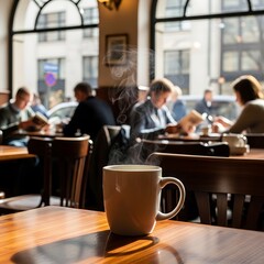 Fototapeta premium A steaming hot cup of coffee on a table