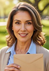 Fototapeta premium Professional Woman Holding Brown Envelope Outdoors 
