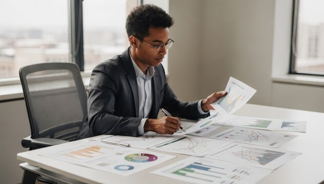Medium shot of a financial analyst examining climate scenario charts with focused portfolio risk data highlighting transition pathways aligned with a 1.5C warming scenario.