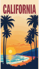 Obraz premium California travel poster, bold 'CALIFORNIA' typography on top, retro 70s font, sunset colours, palm trees and coastline, minimalist vector style, high contrast.