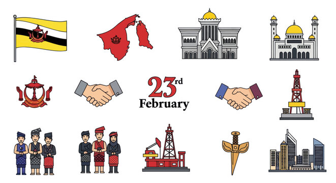 Brunei National Day Celebration Icons Set: Flag, Map, Mosque, People, Oil Rig, Kris