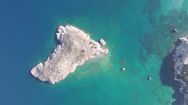 Aerial drone shot.View of famous beach in the summer, Crete, Greece. Famous beach with river and palm trees in Libyan sea. Tropical island, Panoramic view, Most beautiful beaches of Crete island