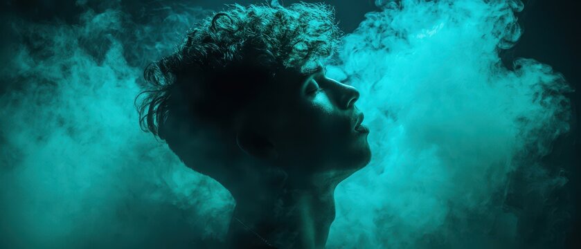 Young man illuminated by mysterious blue smoke