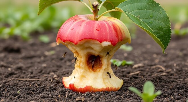 A partially eaten red apple core rests on dark garden soil with flies buzzing around it.