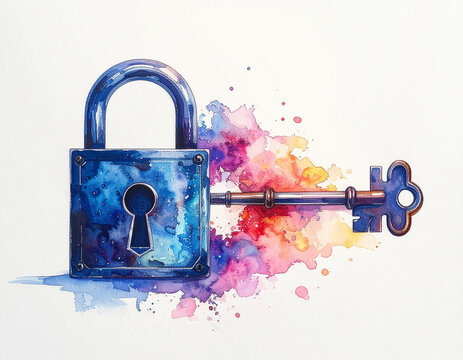 Colorful watercolor depiction of a secure lock and key, with abstract paint splashes, symbolizing protection, solutions, and unlocking potential