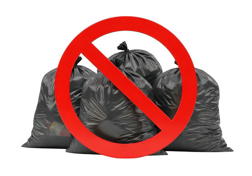 A red prohibition symbol over black trash bags ideal for no dumping messaging on transparent background