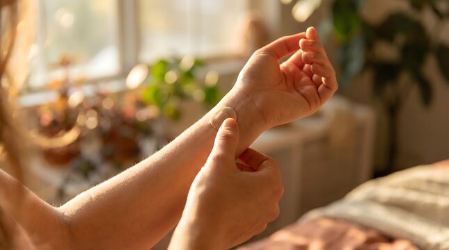 Self-care moment woman's hands applying transdermal treatment to wrist