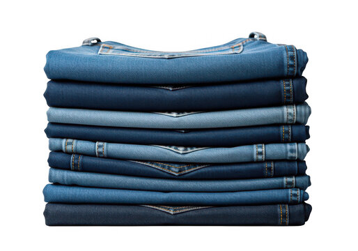 A neat stack of blue denim jeans varying in shades on transparent background