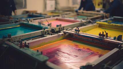 Fototapeta premium Vibrant Close-Up of Multi-Color Print Machine: Screen Printing Squeegee Tool with Wet Paint in an Industrial Workshop Environment