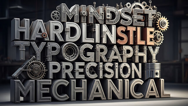 Hardline typography with precision mechanical and metallic textures