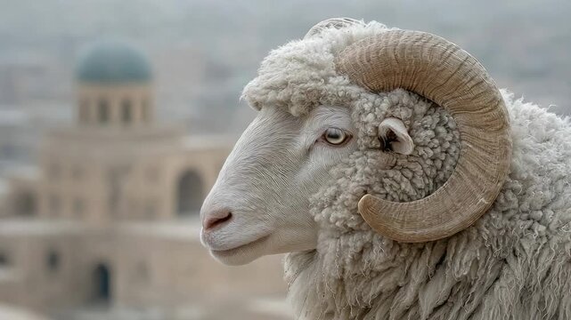 a ram with beautiful silky wool on a blurred background of a mosque in an Arab city, Eid al-Adha, a Muslim holiday, May 27, Islam, sacred animal, sheep, lamb, goat