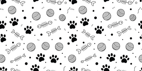 Cat Toy Seamless Pattern, Hand Drawn Doodle Kitty Elements Featuring Fish Bone, Paw Footprints and Pet Toys, Cute Sketch Veterinary Background for Fabric, Packaging, Wallpaper and Pet Design © GIBBI RWW