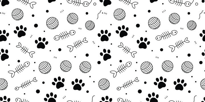 Cat Toy Seamless Pattern, Hand Drawn Doodle Kitty Elements Featuring Fish Bone, Paw Footprints and Pet Toys, Cute Sketch Veterinary Background for Fabric, Packaging, Wallpaper and Pet Design