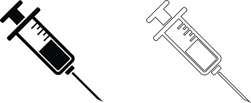 Medical syringe vector icons, black silhouette and outline hypodermic needle symbols, vaccination and injection equipment for healthcare design