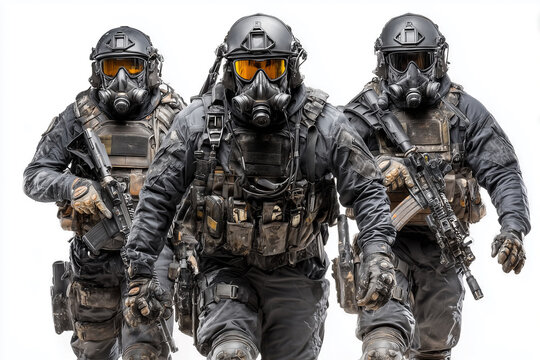 Three swat assaulters in tactical gear moving confidently forward