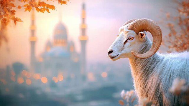 a ram with beautiful silky wool on a blurred background of a mosque in an Arab city, Eid al-Adha, a Muslim holiday, May 27, Islam, sacred animal, sheep, lamb, goat