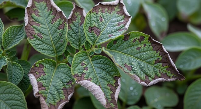 Close up of potato leaves showing signs of late blight disease with brown necrotic patches