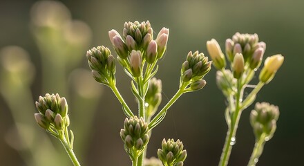 Fototapeta premium Close up of delicate small flower buds on a succulent plant backlit by soft golden sunlight