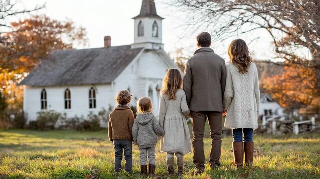 Large Mormon family with several children standing with their backs to the camera in front of a white Mormon church with a high steeple, modest clothing, church parish, Mormonism