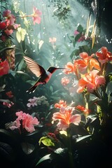 Obraz premium Hummingbirds dance in tropical gardens
