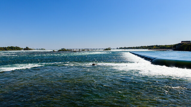 Low weir creates gentle wave pattern in Niagara River, attracting flock of gulls under clear sky
