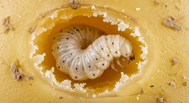 A white beetle larva or grub curled up inside a circular hole it has eaten into a yellow potato.