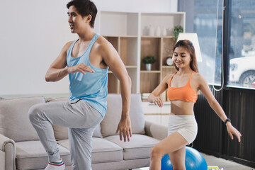 Obraz premium Support, teamwork and fitness couple doing workout training, challenging exercise for endurance, strength and stamina in a gym. Active, fit man and woman giving support and motivation during pushup