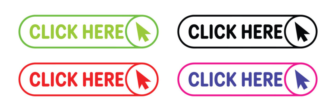 Click here button with arrow pointer, modern flat and line style button icon representing clickable action, navigation, and online interaction for websites and digital platforms, vector illustration.
