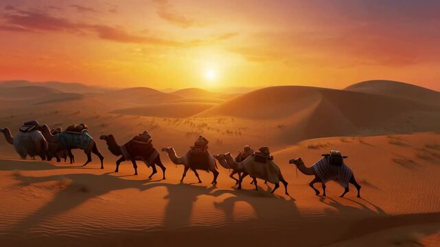 Tracking shot of camel caravan walking across rolling sand dunes toward setting sun in desert landscape at golden hour