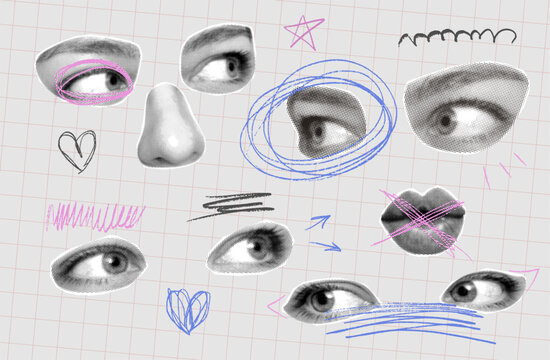 Abstract face anatomy cutout collage set. Retro halftone eyes, nose and lips with childish messy scribbles on grid paper. Vintage punk zine vector elements pack for brutalist graphic design.