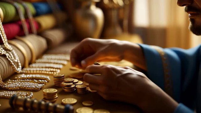 Slow motion tracking close up of merchant hands counting and stacking coins and arranging jewelry on market table indoors