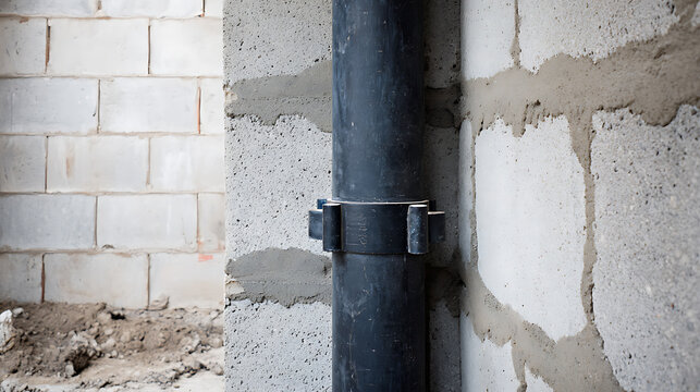 Industrial Pipe on Concrete Cinder Block Wall in Unfinished Construction Site: Utility Installation, Building Infrastructure, Raw Materials