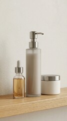 Obraz premium Skincare containers including a pump bottle and oil dropper arranged on a wooden surface against a neutral wall, holistic beauty products, neutral aesthetic.