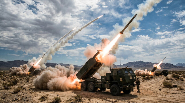 Multiple rockets launching from multiple mobile launchers in a desert landscape, creating smoke and explosions, mobile launcher