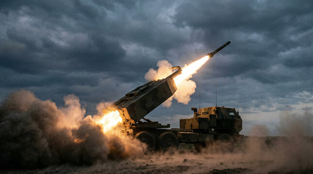 Multiple rocket launcher fires missile into stormy sky with dark clouds and smoke with artillery system