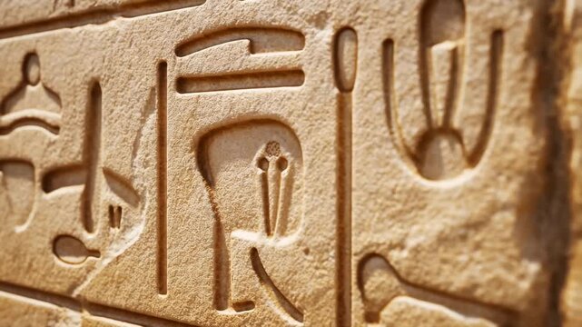 Panning shot of carved egyptian hieroglyphs sliding across weathered sandstone wall relief inside ancient temple corridor with shallow depth