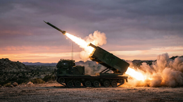 Military rocket launcher fires missile at sunset, exploding with bright flames and smoke in a dramatic display of power, missile launch
