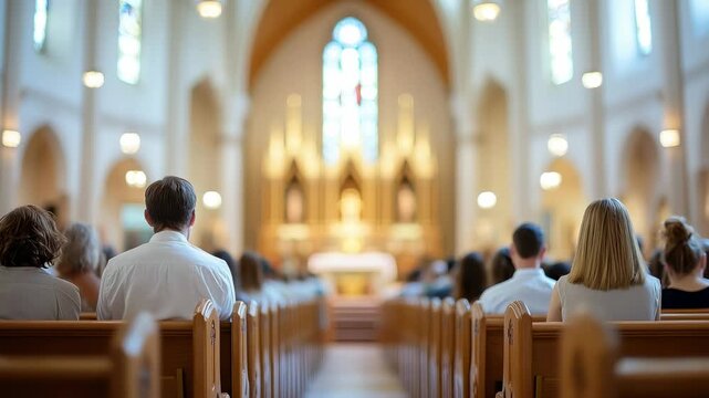 Blurred background of the interior of a Catholic church, parishioners in pews, Sunday service, Christian faith, religious architecture, nave, altar, stained glass windows, out-of-focus video, bokeh