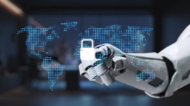 A close-up view of a robotic hand connecting with a digital network, illustrating concepts of cybersecurity and data protection with a global map background. Synapse