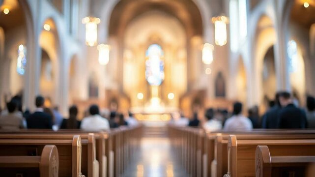 Blurred background of the interior of a Catholic church, parishioners in pews, Sunday service, Christian faith, religious architecture, nave, altar, stained glass windows, out-of-focus video, bokeh