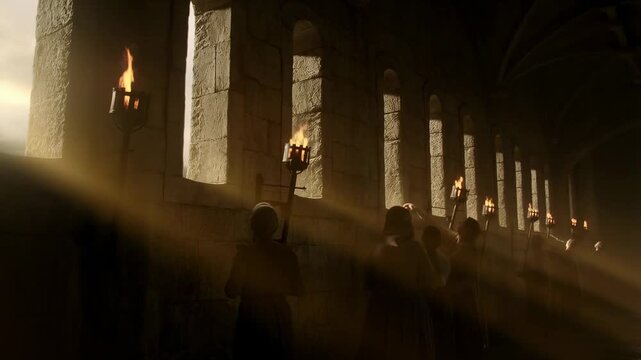 Tracking shot of procession of women carrying torches walking along stone corridor inside medieval hall with sunlight beams and smoke