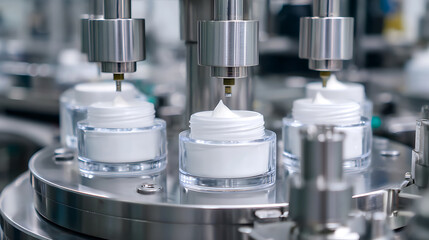 Fototapeta premium Automated Production Line for Skincare Beauty Cream Jars with Controlled Dispensing in a Modern Factory Setting