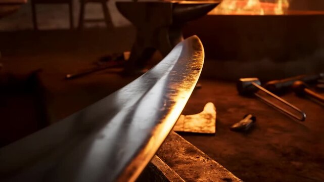 Tracking shot of sword blade being polished along anvil in blacksmith forge workshop with glowing furnace light and tools