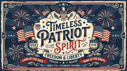 Vintage patriotic design celebrating timeless spirit of patriotism with flags and fireworks