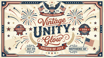 Retro patriotic celebration poster emphasizing unity and freedom on July 4th with vintage American symbols and festive design