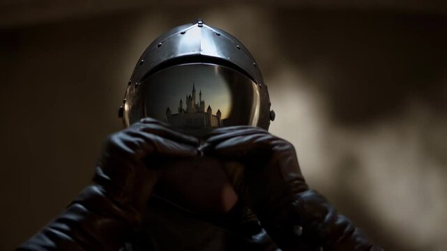 Tracking shot of knight putting on helmet with castle reflection in visor inside dim medieval hall interior close up