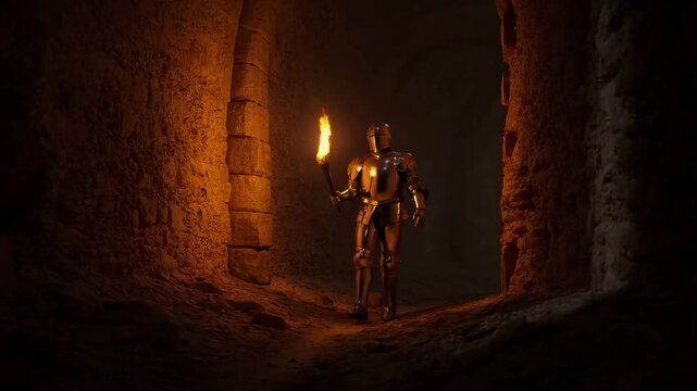 Tracking shot of armored knight walking with torch through underground stone corridor in medieval dungeon lit by warm torch light and deep shadows