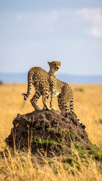 Two cheetahs stand on a mound of dirt in a grassy field on a sunny day