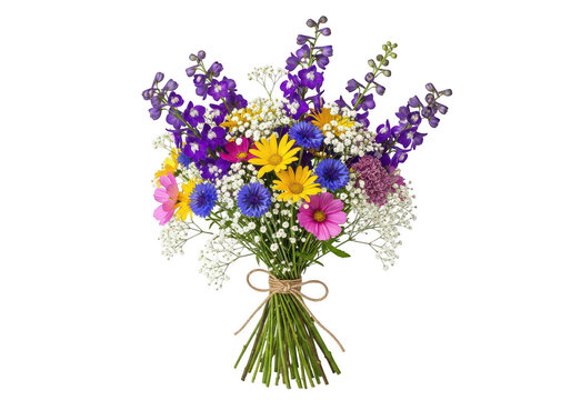 A vibrant bouquet of wildflowers including lupines daisies and cosmos on transparent background