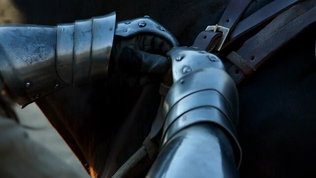 Handheld tracking close up of knight fastening leather harness buckle on horse in stable at dawn